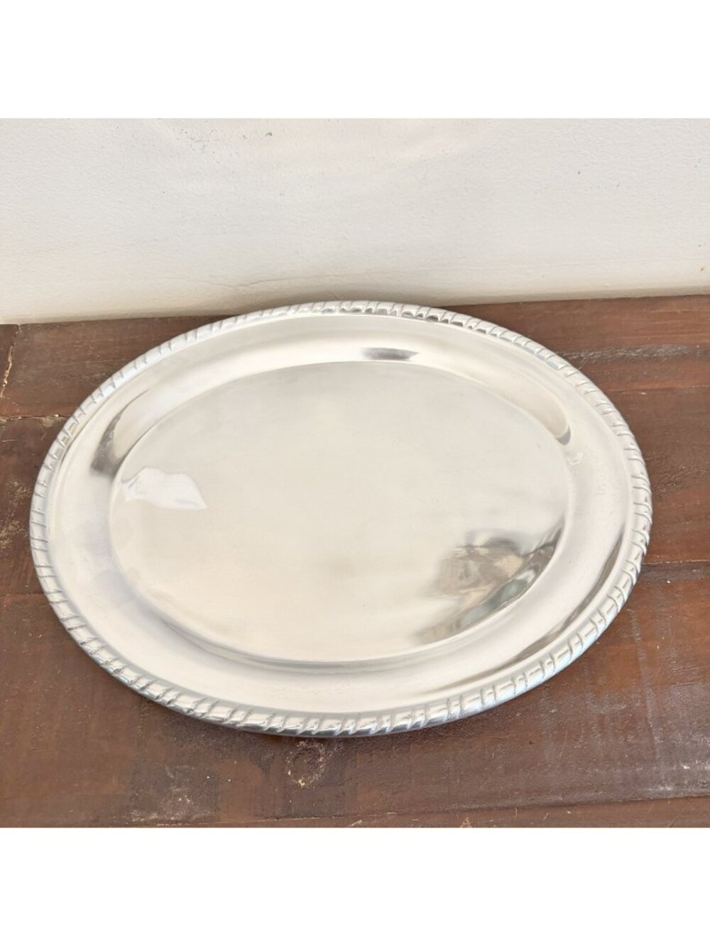 Pier 1 Imports Silver Tone Oval Serving Platter 16x12 Rope Edge Coastal Regency